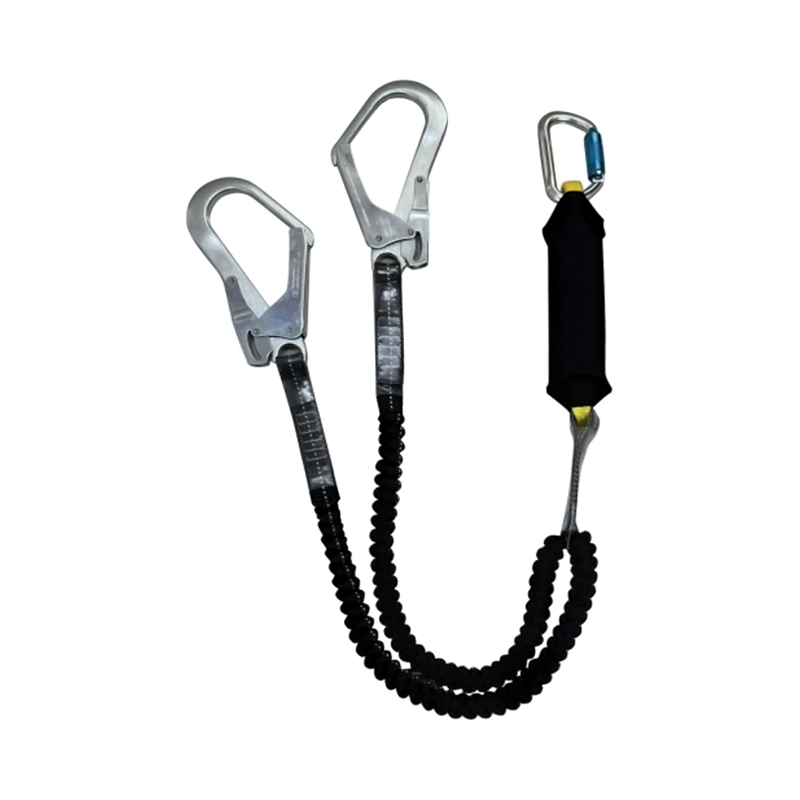 KA-L15 Fall Arrest Shock Absorber Double Lanyard With Elastic Webbing，2 Scafford Hooks,1 Aluminum Carabiner