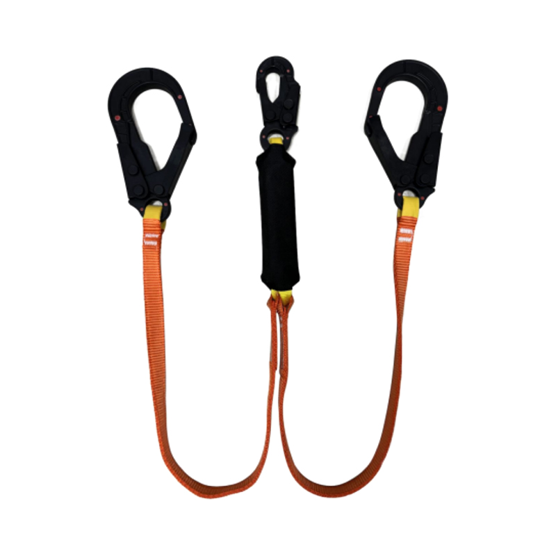 KA-L16 Dielectric Twin Lanyard With Shock Absorber,  Two Insulated Big Hooks, One Insulated Small Hook，Double-Deck Polyester Webbing, Fall Arrest